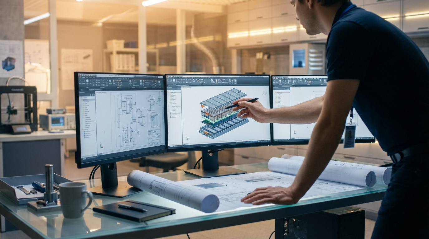 A professional engineer reviewing large technical battery design drawings on a triple monitor engineering workstation
